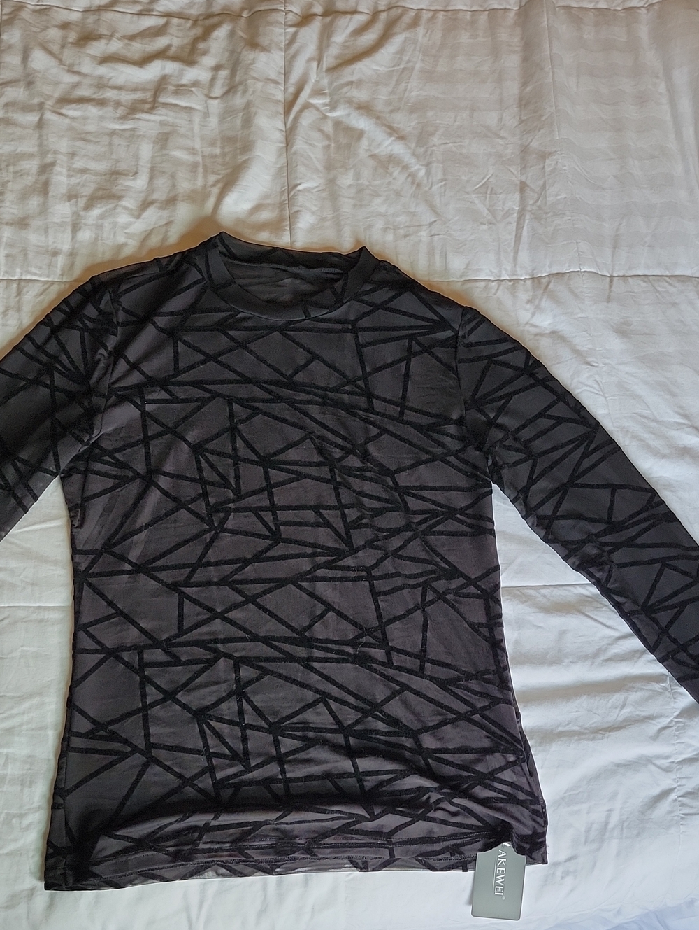 Black Geometric Flocked Mesh Long Sleeve Top